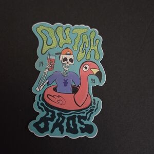 Dutch Bros Sticker with Skeleton and Flamingo